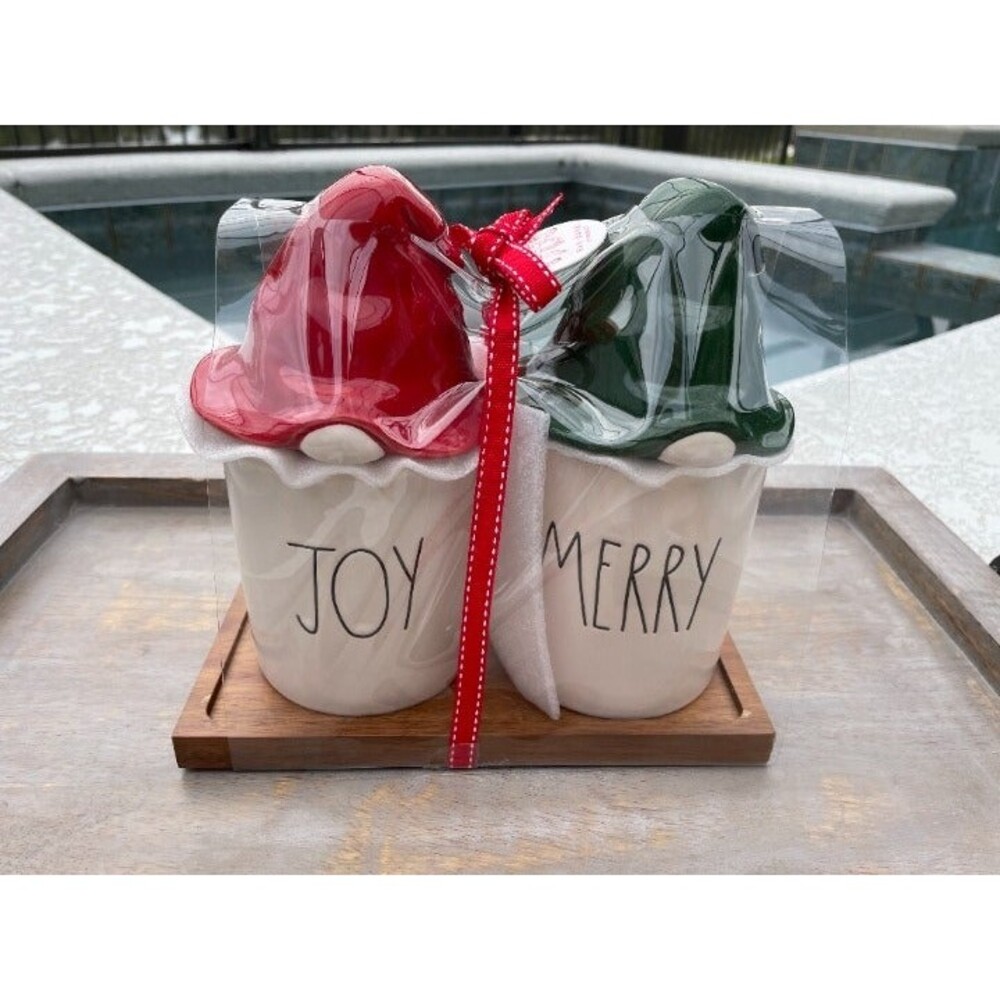 Rae Dunn Joy & Merry Canisters & Gnome Red Green Toppers on Wooden Tray